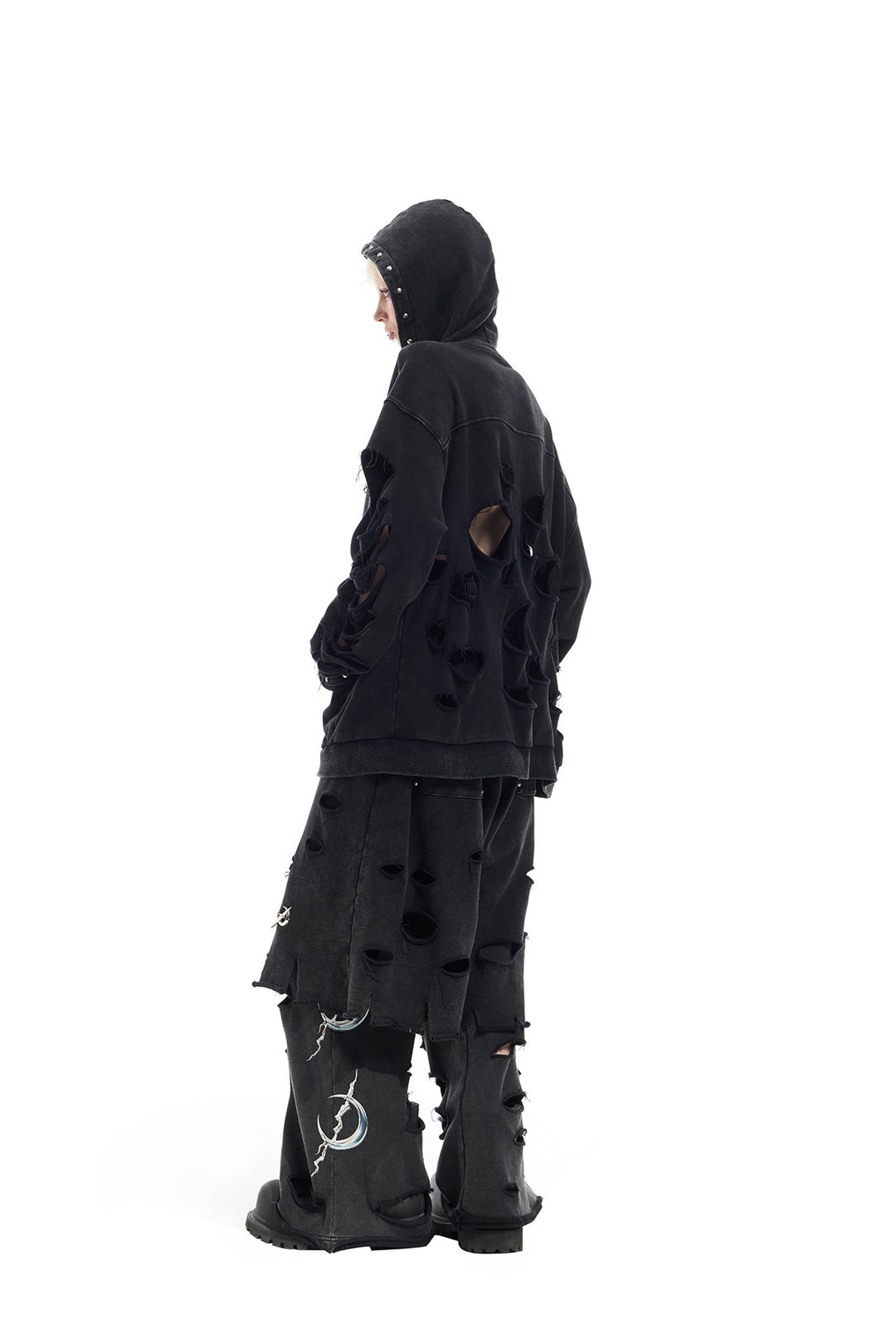 PINKSPINK REMAKE studded distressed zip-up hoodie — product detail view showing texture and hardware