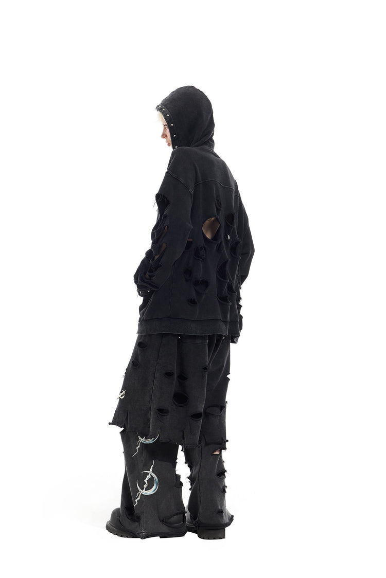 PINKSPINK REMAKE studded distressed zip-up hoodie — product detail view showing texture and hardware