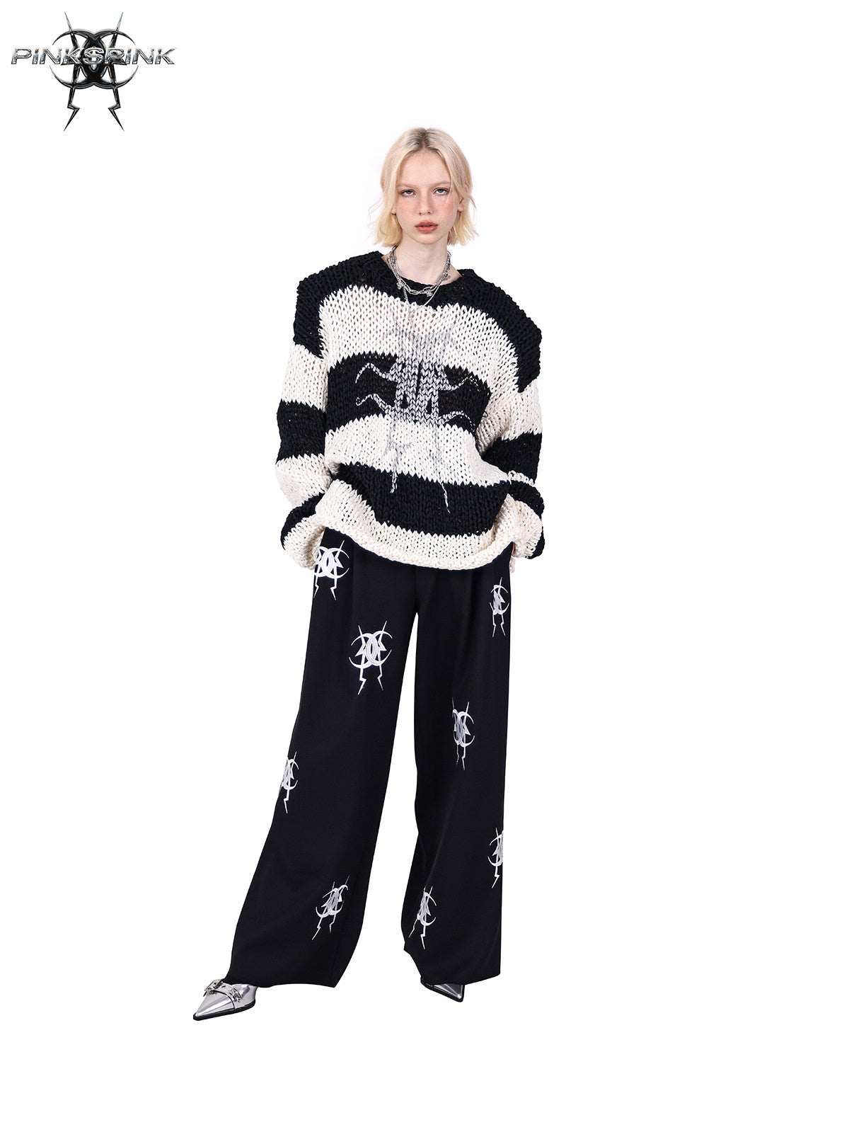 PINKSPINK MIRROR striped open-knit padded-shoulder sweater in black white stripes — front full-length modeled view without the matching balaclava