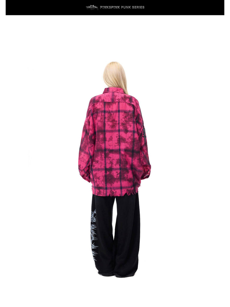 PINKSPINK ELECTRIC MOON distressed oversized plaid shirt in pink and black plaid — full-length rear modeled view showing the back pleat