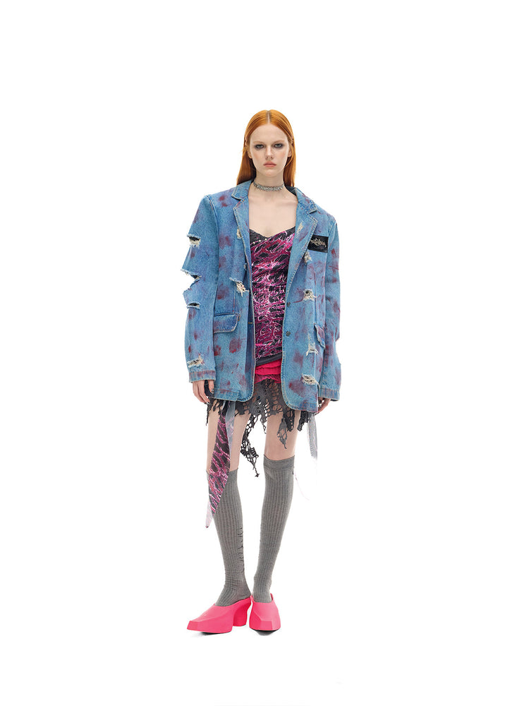 PINKSPINK NEON RIFT asymmetrical lace-trim mini dress — front styling view with oversized denim jacket