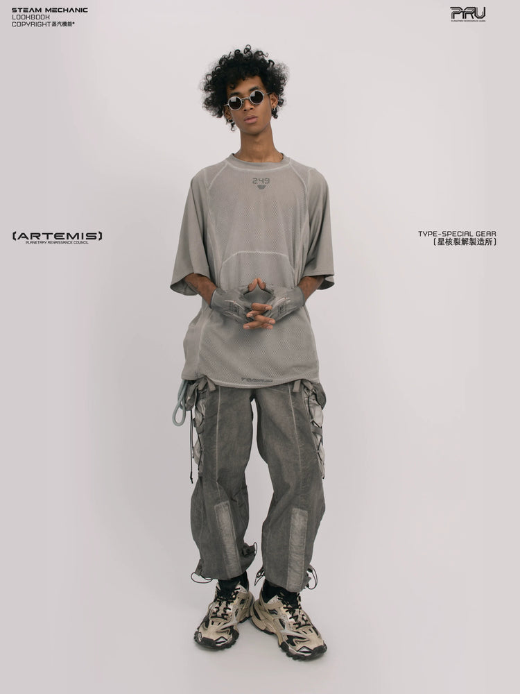 STARFIELD WELDER lunar sea gray distressed mesh tee — side modeled view