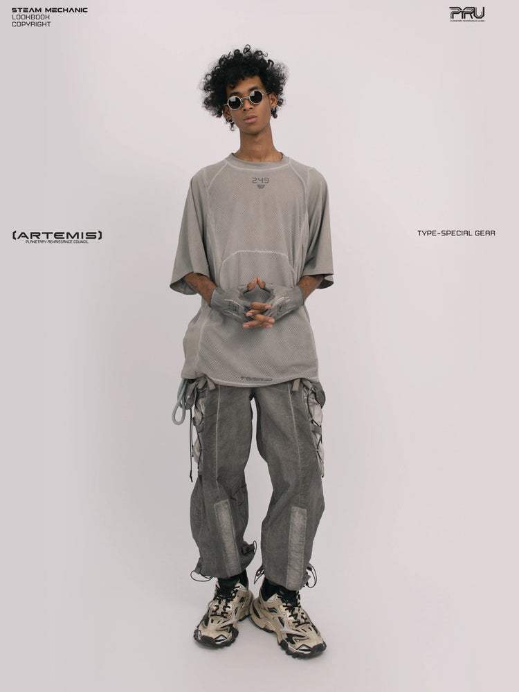 STARFIELD WELDER lunar sea gray distressed mesh tee — full-length front view with hands clasped