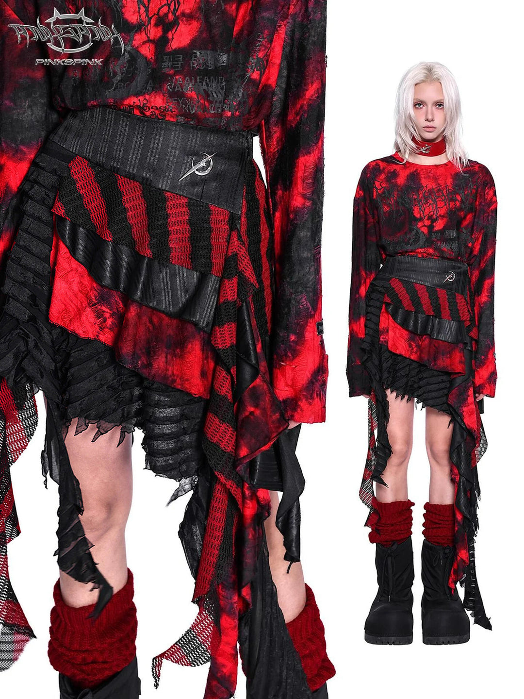 PINKSPINK ELECTRIC MOON layered striped mesh mini skirt — black and red — collage of layered texture and full-length modeled styling