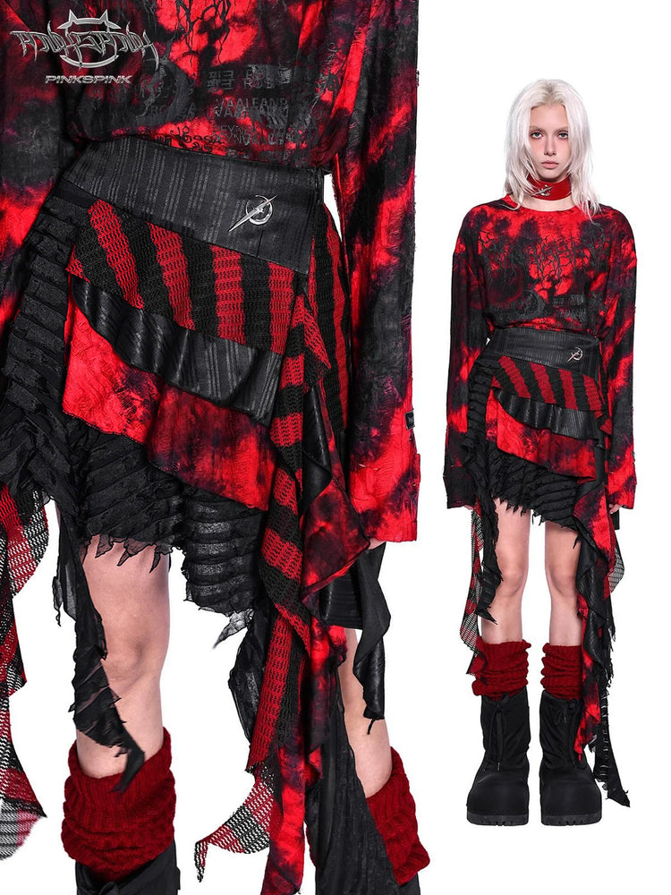 PINKSPINK ELECTRIC MOON layered striped mesh mini skirt — black and red — collage of layered texture and full-length modeled styling