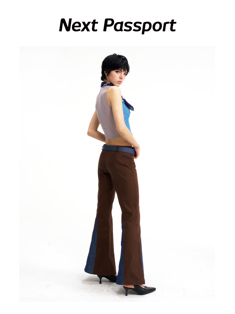 NEXT PASSPORT denim-panel low-rise flared pants in brown — rear three-quarter modeled view.
