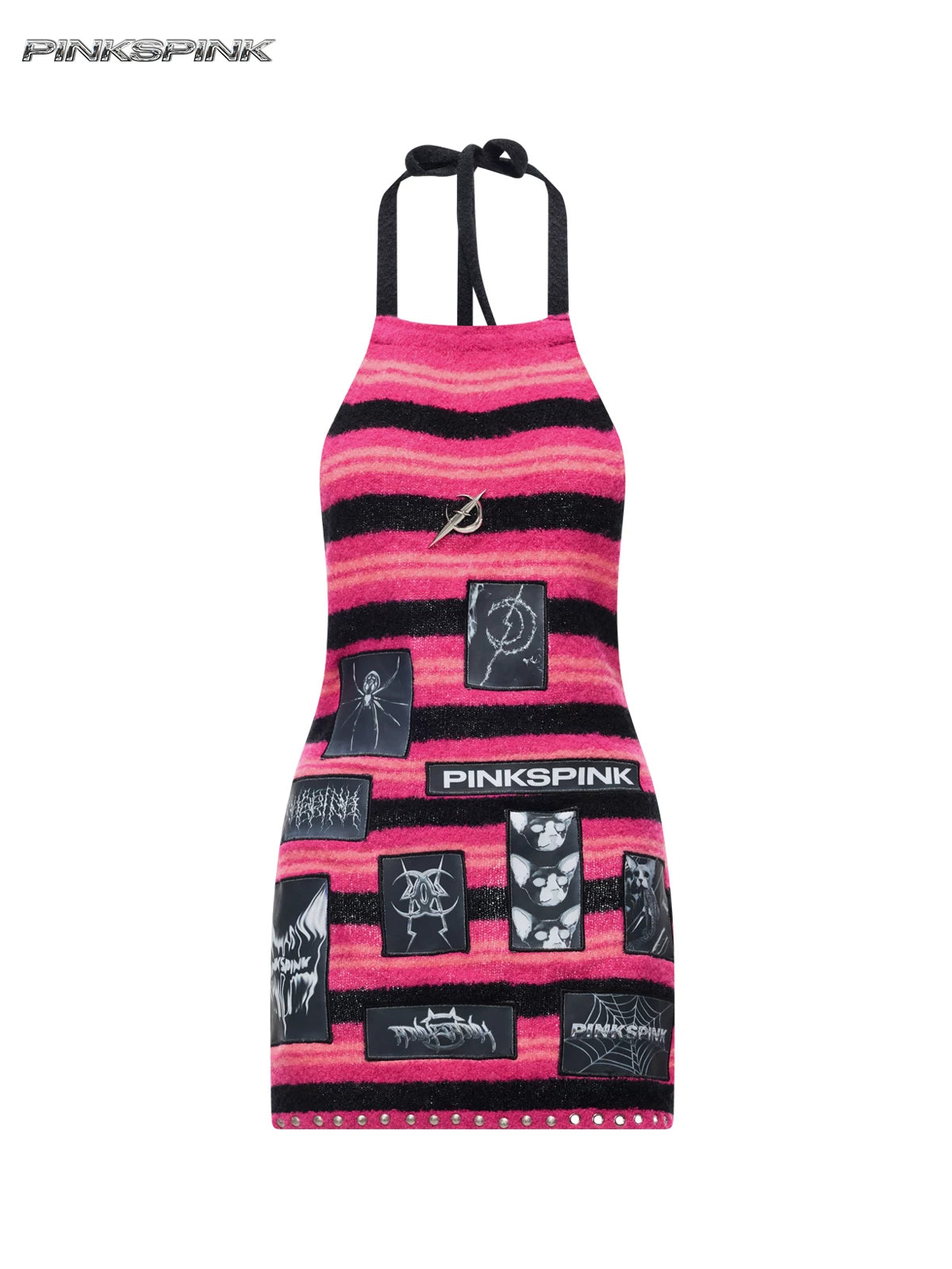 PINKSPINK ELECTRIC MOON patchwork knit layering apron — pink black stripe front garment-only view