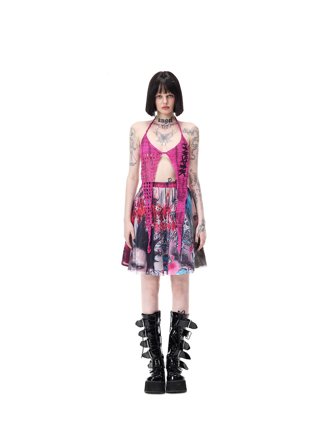 PINKSPINK THORNSTAR open-knit halter top in hot pink — full-length front modeled outfit view used in the hero collage