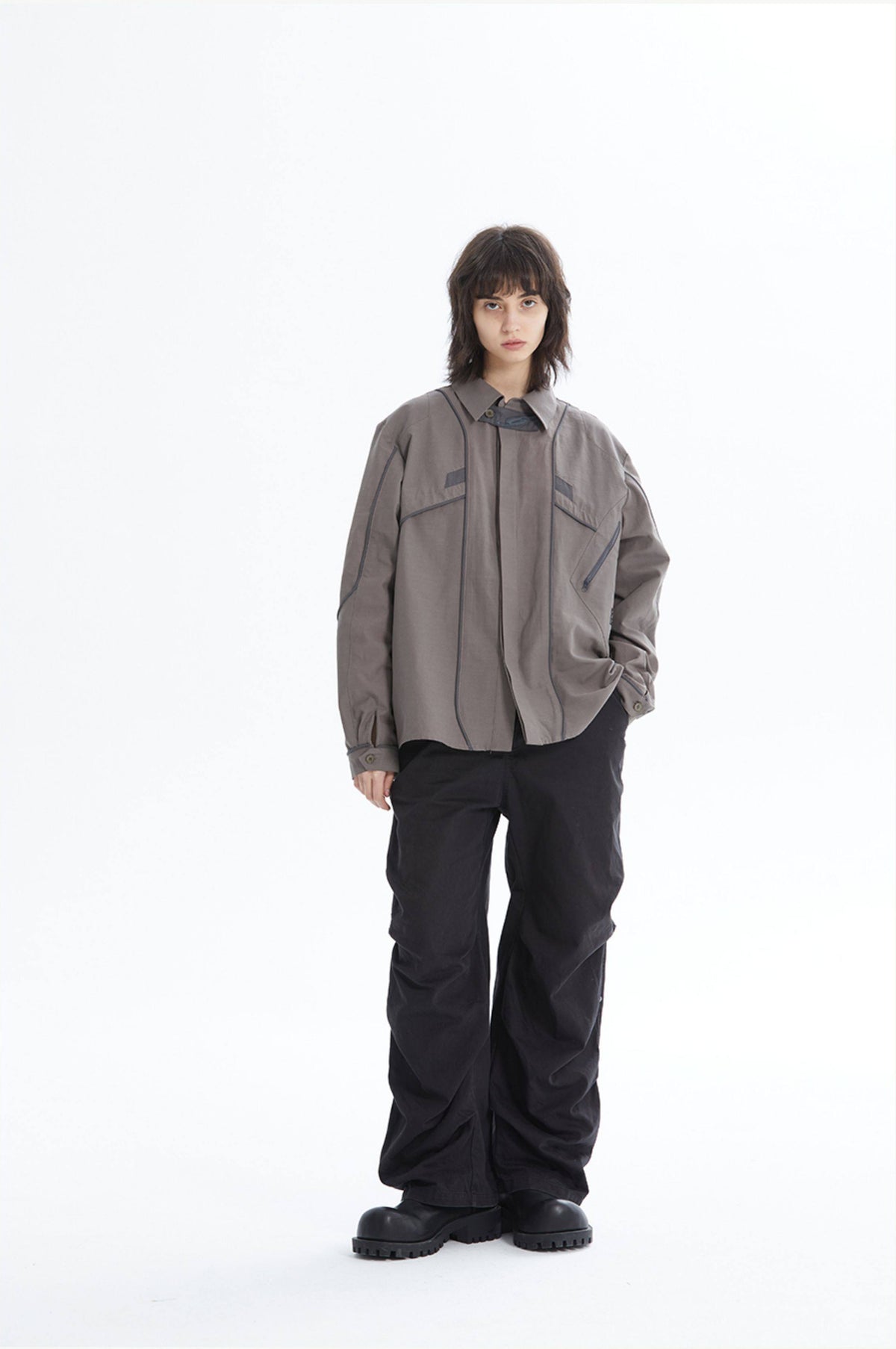 ERRORCODE ROBOT taupe tech work shirt — full-length front modeled view; source gallery image 3
