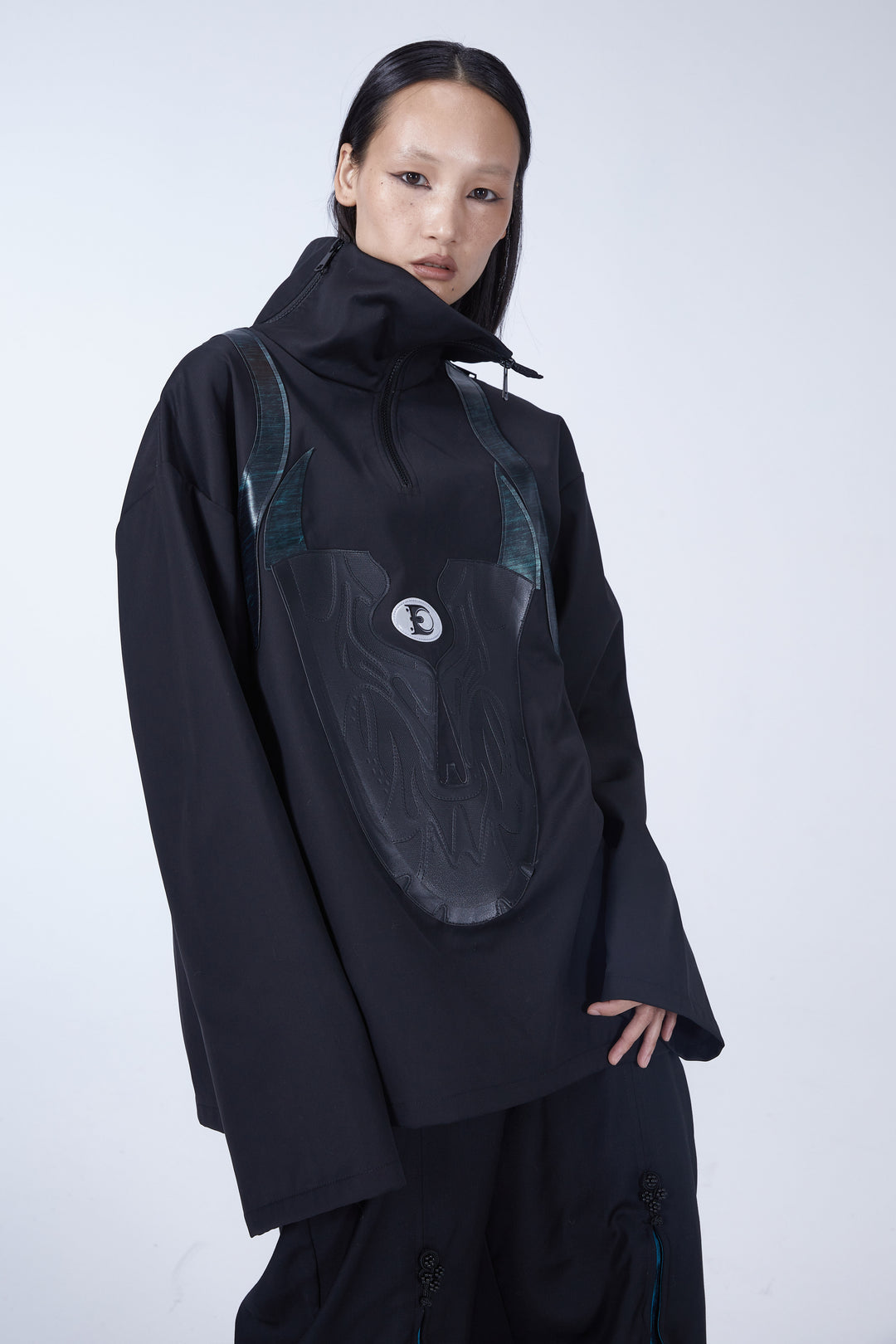 EMBRYO SHOE COLLAR asymmetrical sweatshirt — close modeled view