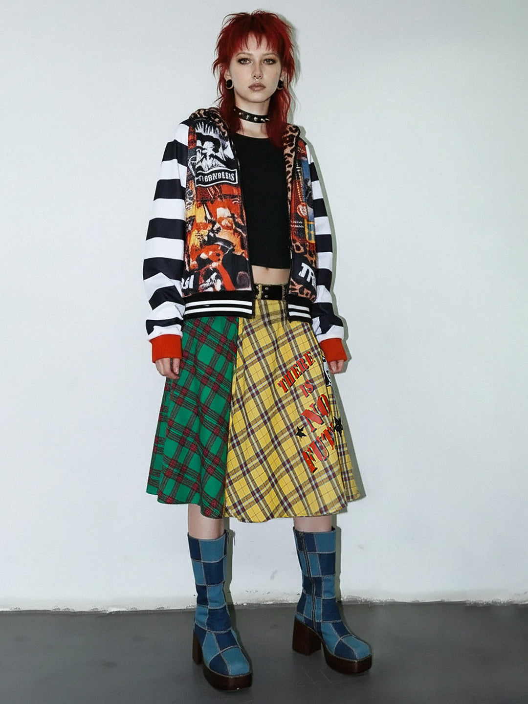 DeadEndKids BadGals Club double-sided plaid A-line skirt — yellow-green full-length front view