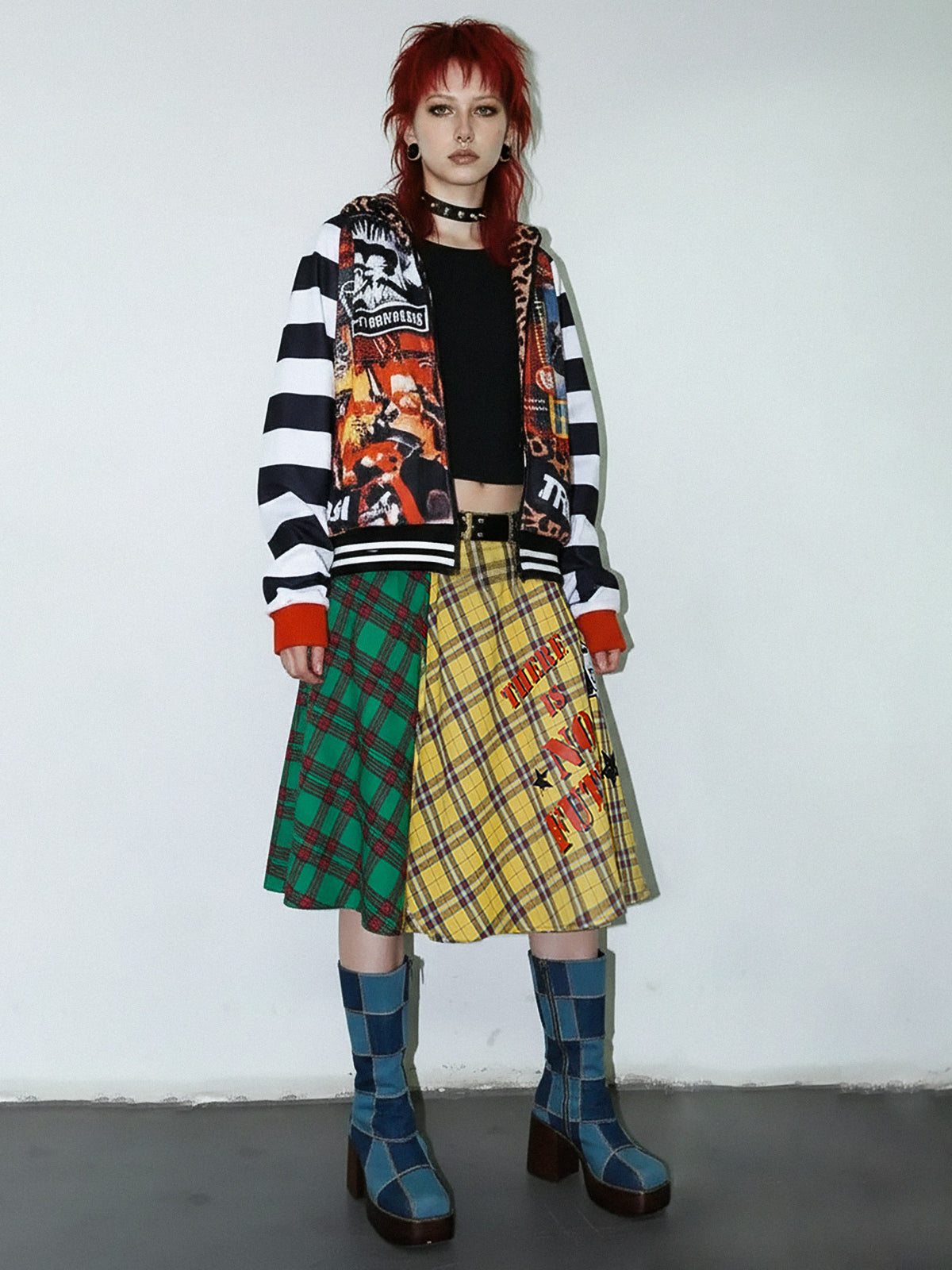 DeadEndKids BadGals Club double-sided plaid A-line skirt — yellow-green full-length front view