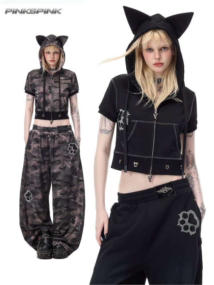 PINKSPINK CATPAW cropped cat-ear zip hoodie in gray-brown camouflage and black — modeled collage showing the pointed cat-ear hood