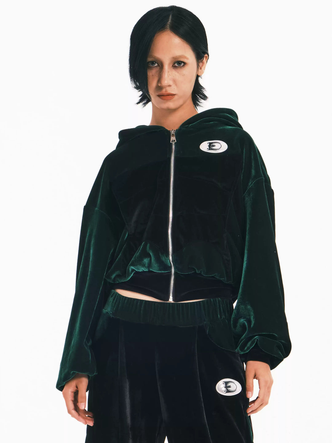 EMBRYO GREEN SPIKE cropped velvet hoodie — front modeled view