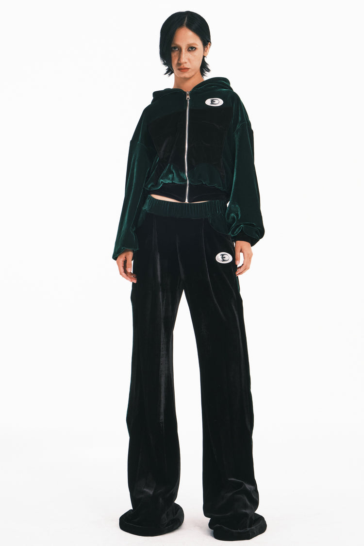 EMBRYO GREEN SPIKE cropped velvet hoodie — front modeled view