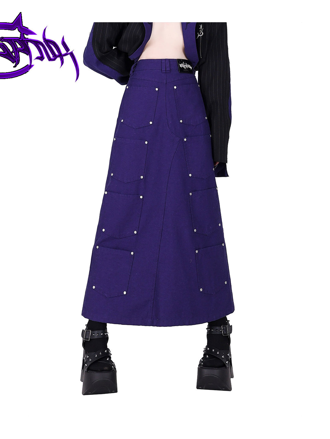 PINKSPINK DNA reconstructed multi-pocket denim maxi skirt — close-up of the waistband, rivets and repeated patch pockets