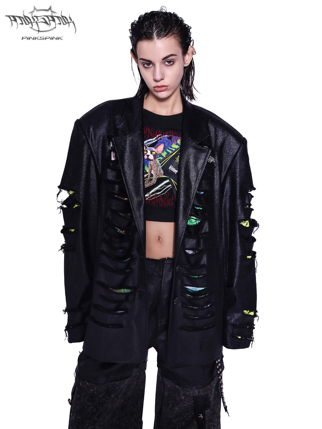 PINKSPINK SPHYNX red mesh-sleeve cropped graphic tee — black and red cropped tee — three-quarter front view under an open black jacket
