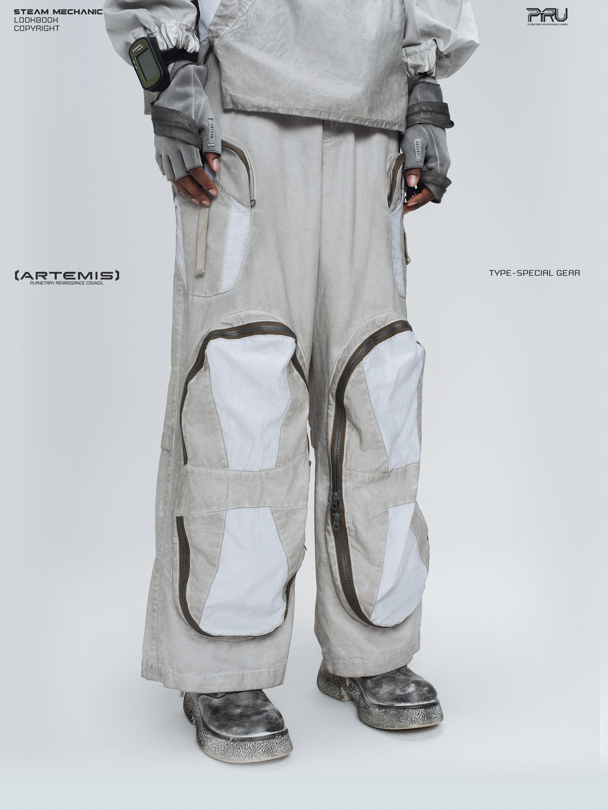 PIONEER eris white welded multi-pocket work pants — alternate modeled angle