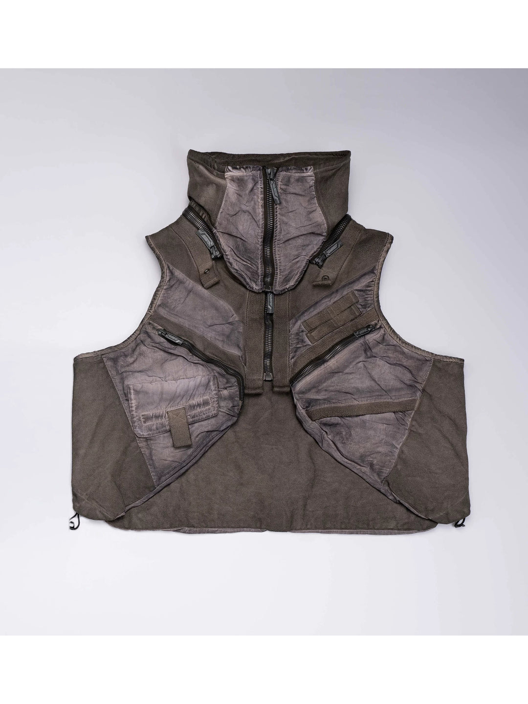 FISSION modular vest in mercury brown — front garment-only view with the collar attached