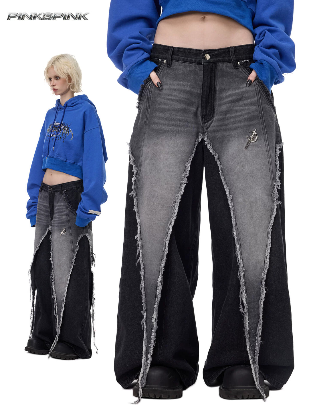 PINKSPINK ELECTRIC MOON reconstructed wide-leg jeans — washed black modeled collage of reconstructed denim