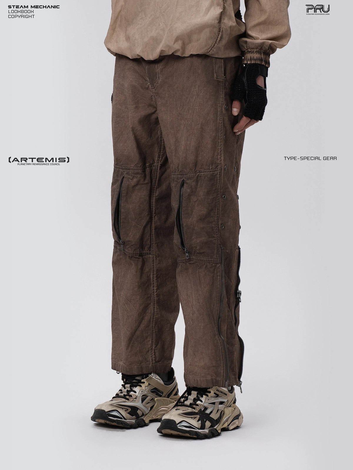 PIONEER ochre brown knee-mesh utility work pants — alternate modeled angle