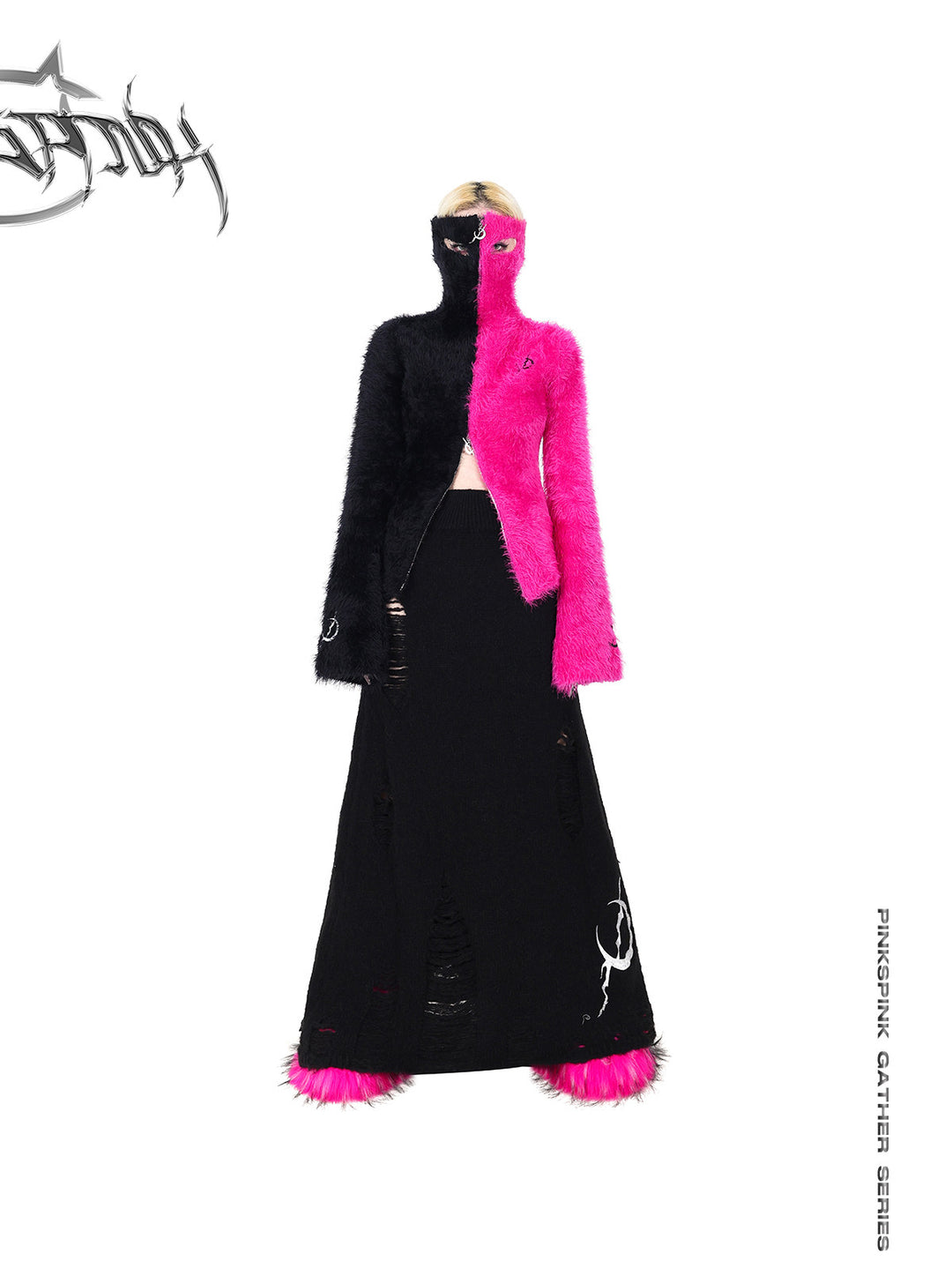 PINKSPINK ELECTRIC MOON split-color balaclava zip sweater — front full-length modeled view with the collar raised