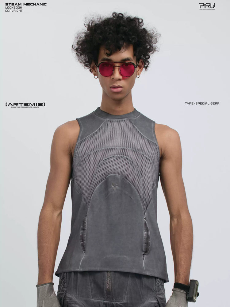 AEGIS stellar blue distressed mesh tank top — front three-quarter modeled view with arms lowered
