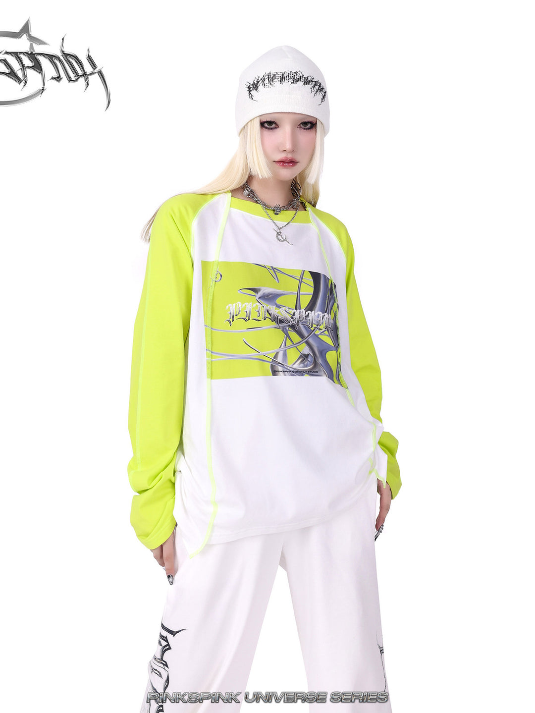 PINKSPINK GALAXY LIGHTNING logo knit beanie — modeled detail view of the garment construction