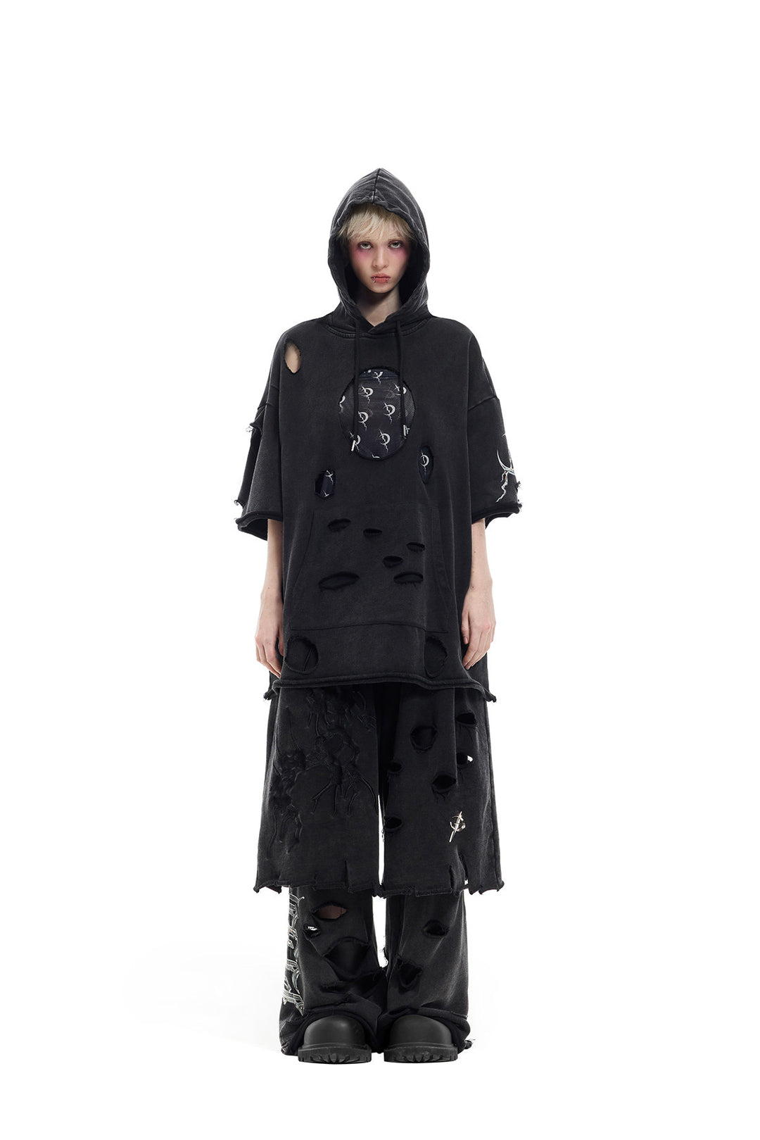 PINKSPINK ELECTRIC MOON distressed embroidered wide-leg shorts — black — full-length front view with hooded layering