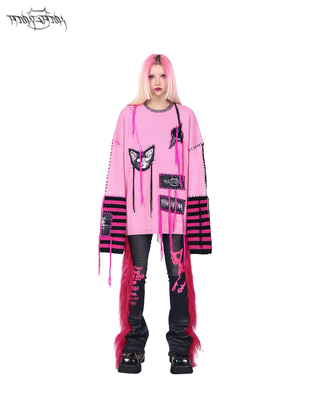 PINKSPINK BARBIE faux-fur flared jeans in PINK — front full-body view styled with a pink sweater.