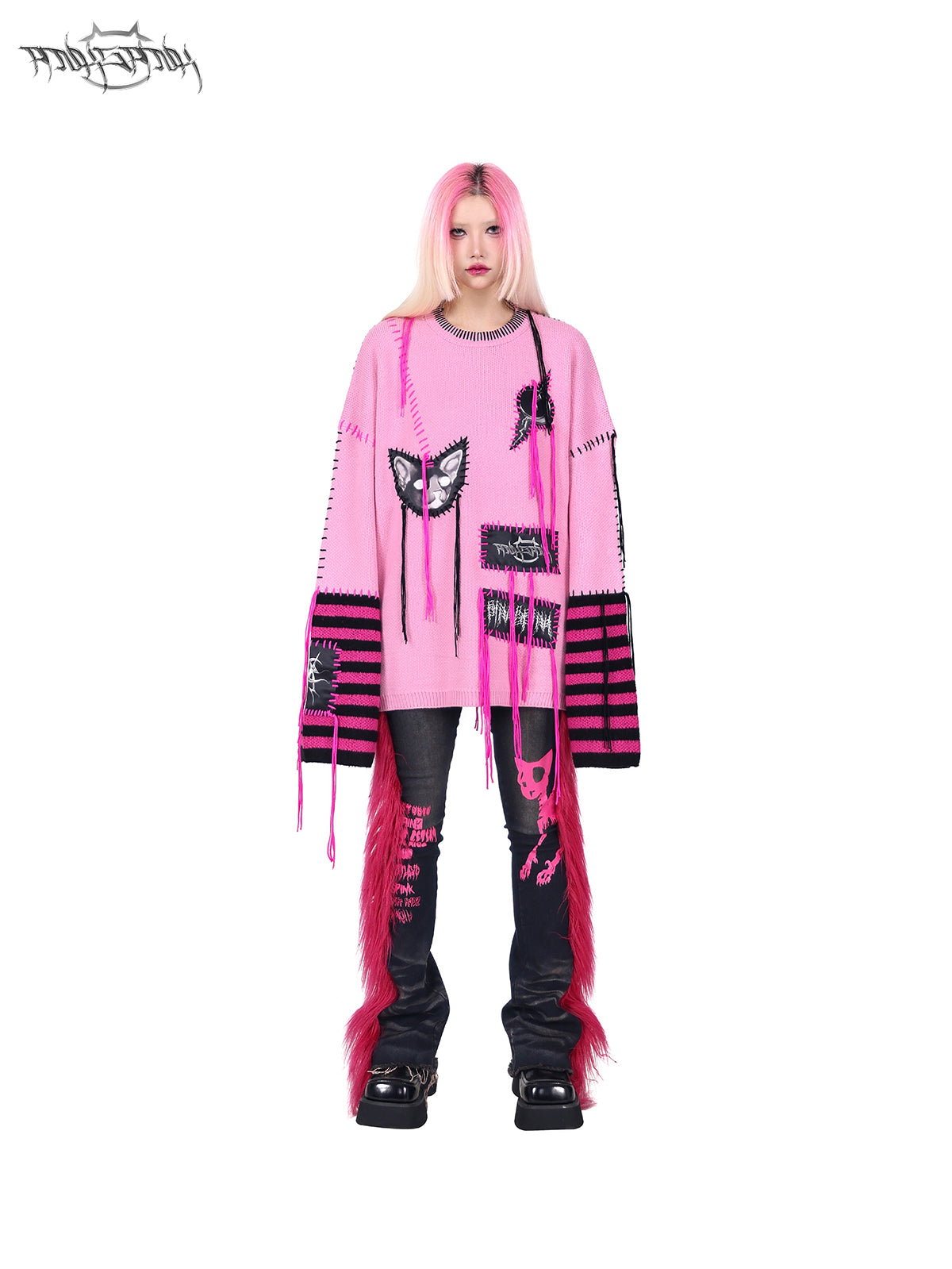 PINKSPINK BARBIE faux-fur flared jeans in PINK — front full-body view styled with a pink sweater.