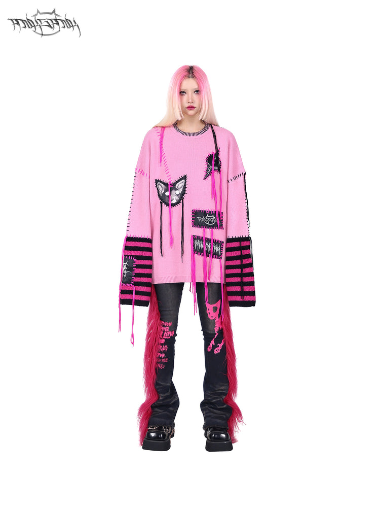 PINKSPINK BARBIE faux-fur flared jeans in PINK — front full-body view styled with a pink sweater.