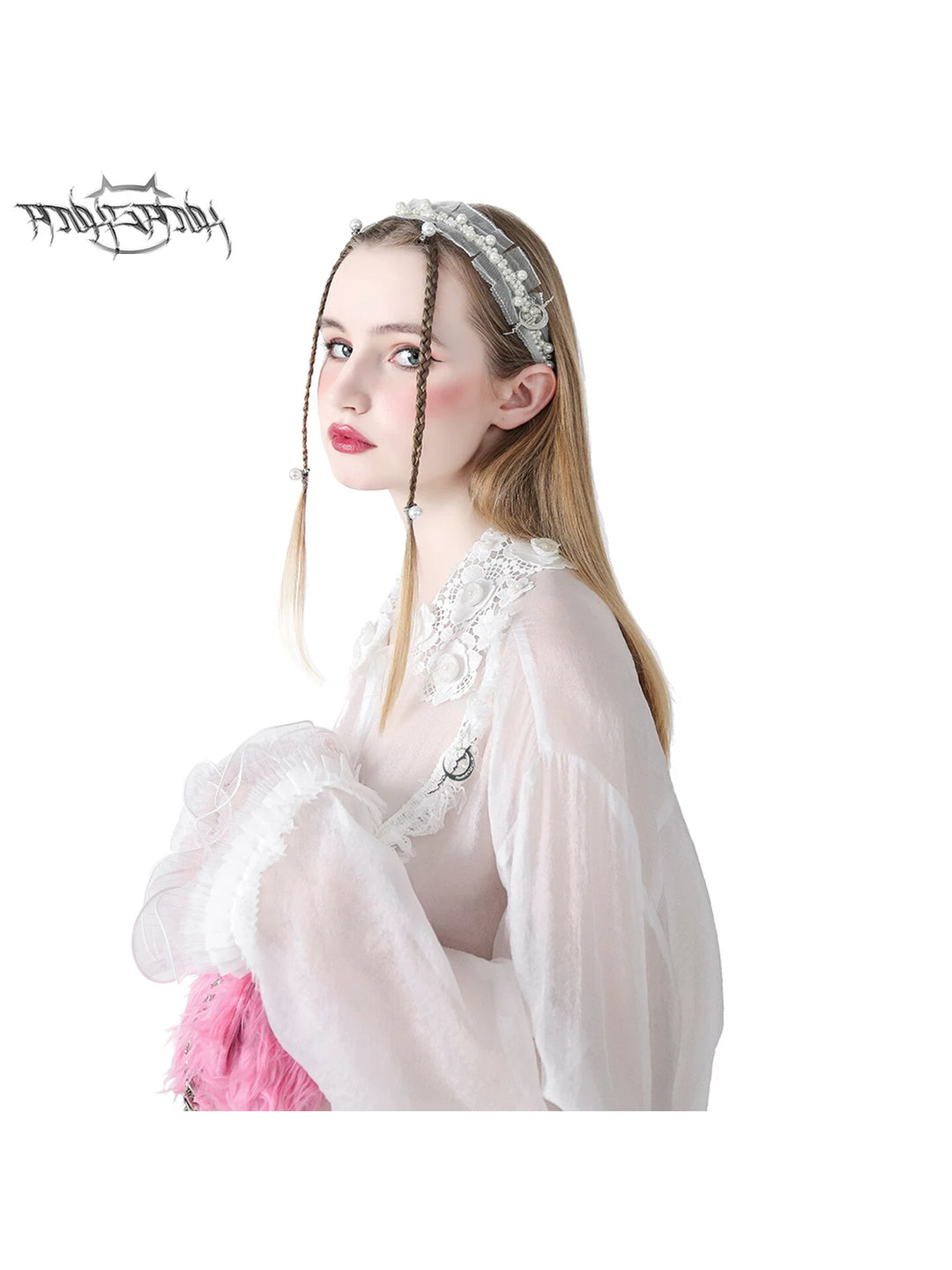 PINKSPINK FAIRY pearl-trim lace headband — side modeled close-up showing the white lace headband and pearl-effect trim