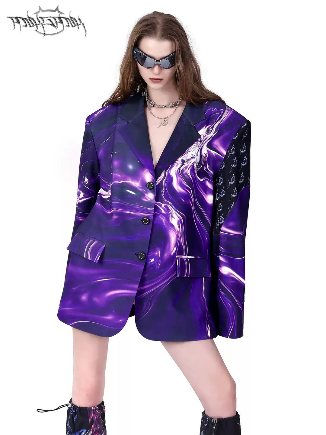 PINKSPINK ELECTRIC MOON layered alloy necklace in silver — modeled close-up styled with a purple blazer