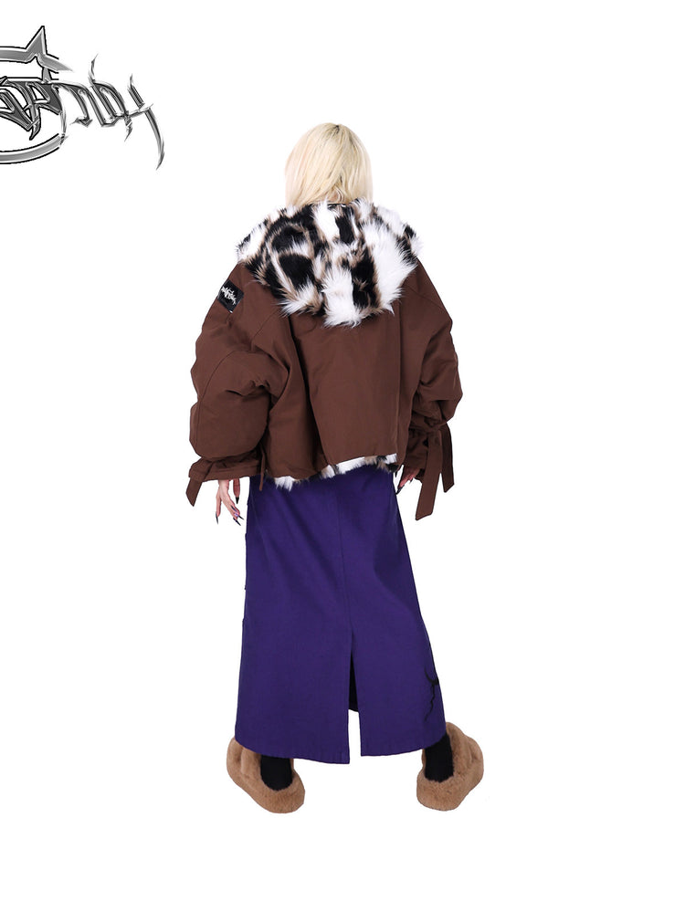 PINKSPINK DNA reconstructed multi-pocket denim maxi skirt — back full-length modeled view styled with a padded jacket