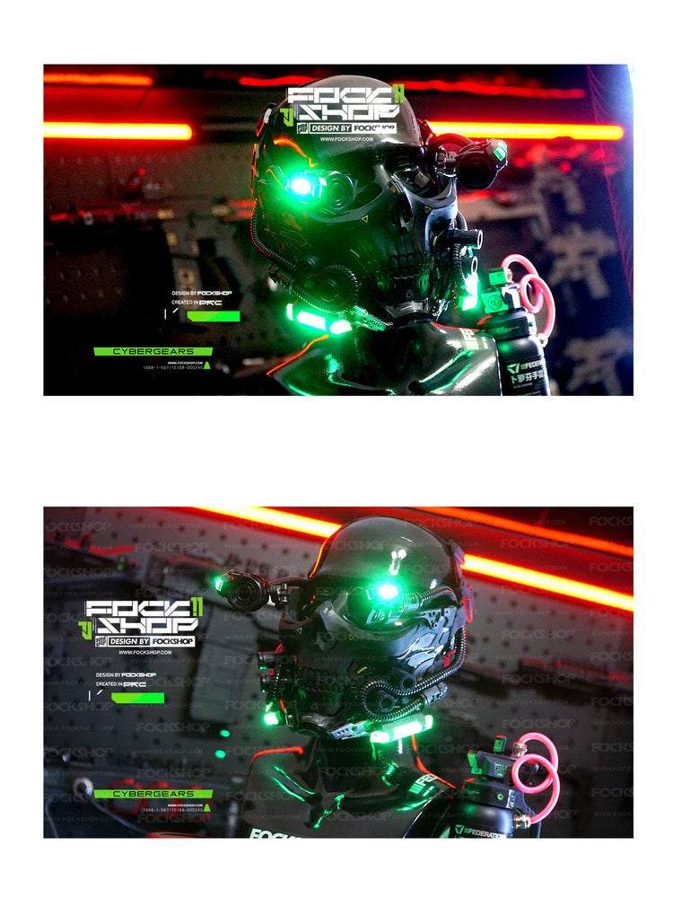 FOCKSHOP STARPOLE skull cyber mask — opposite angled display views of the illuminated black mask
