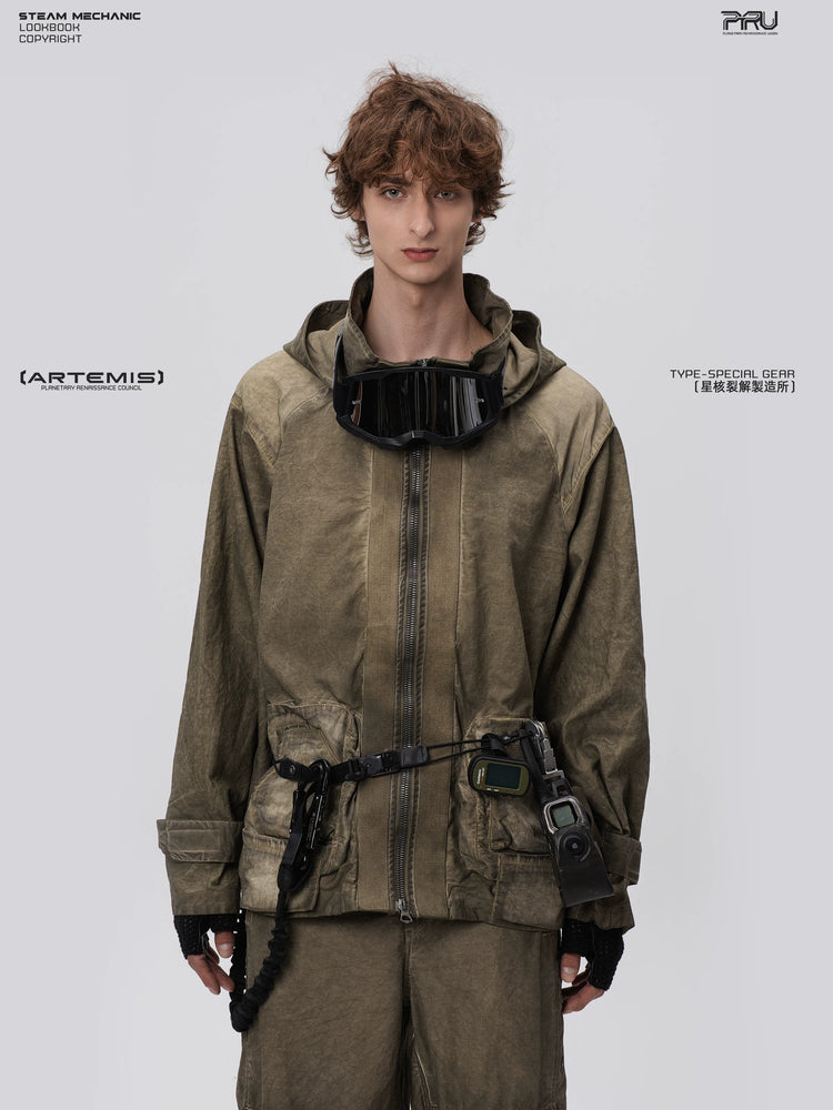 STARCORE lunar soil green distressed work jacket — front modeled product view
