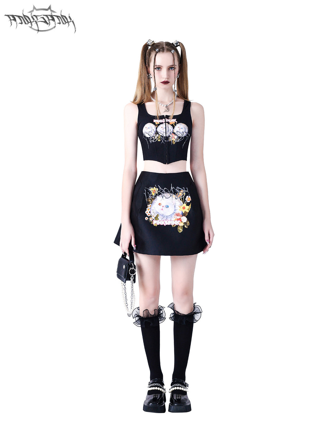 PINKSPINK GARFIELD graphic mini skirt — black full-length front modeled view styled with a cat-print top