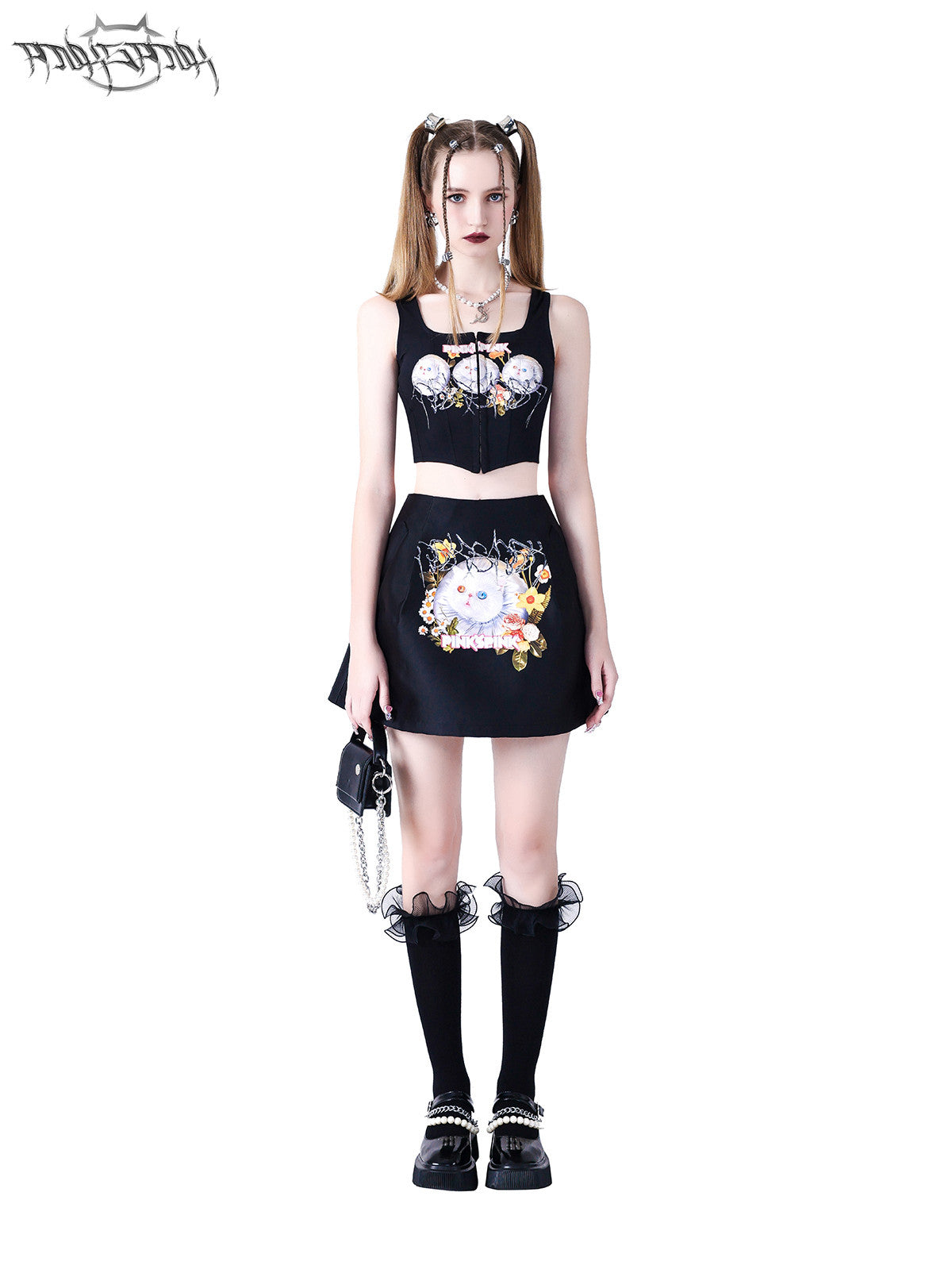 PINKSPINK GARFIELD graphic mini skirt — black full-length front modeled view styled with a cat-print top