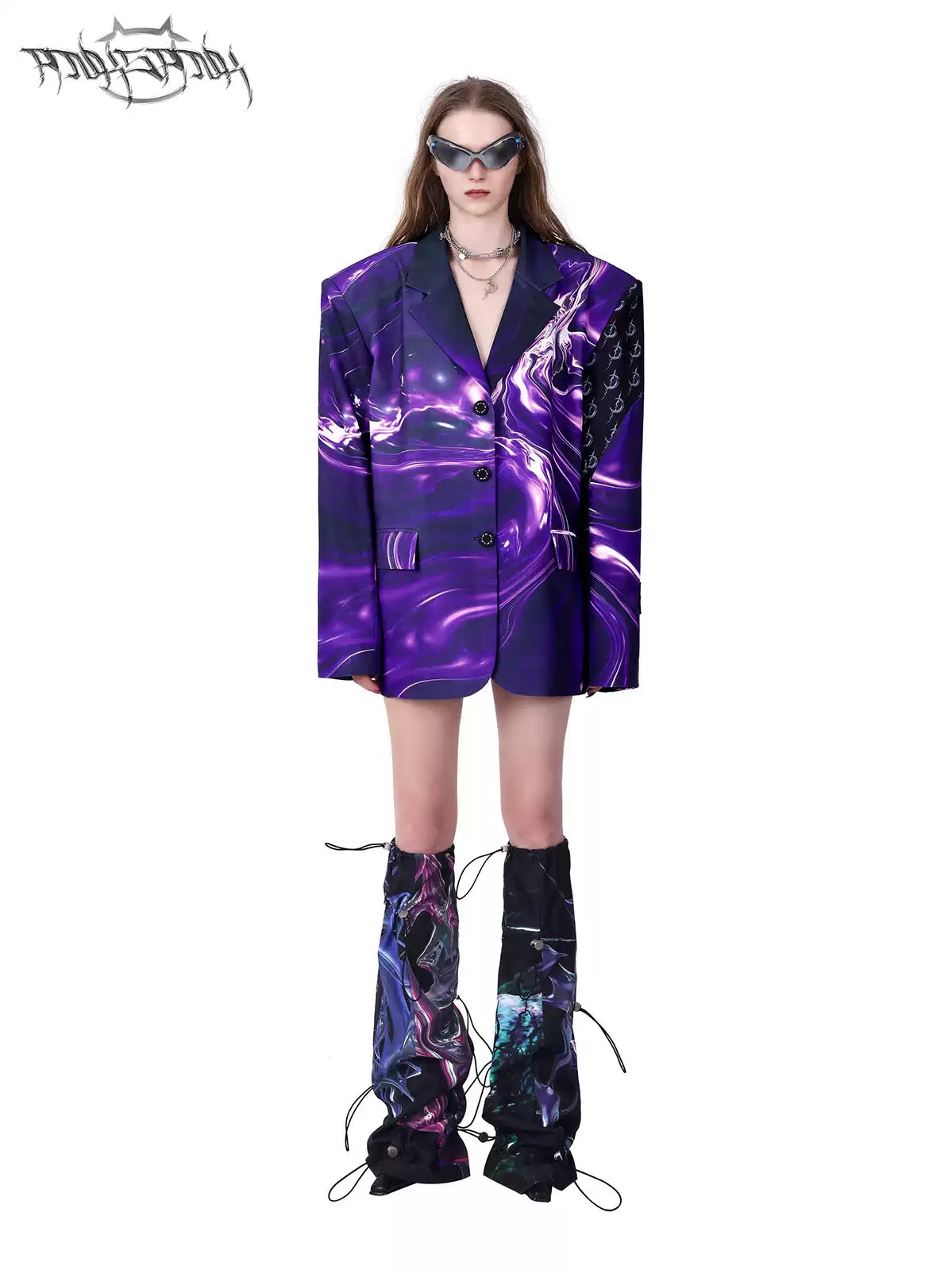 PINKSPINK ELECTRIC MOON layered alloy necklace in silver — full-length modeled view styled with a purple blazer