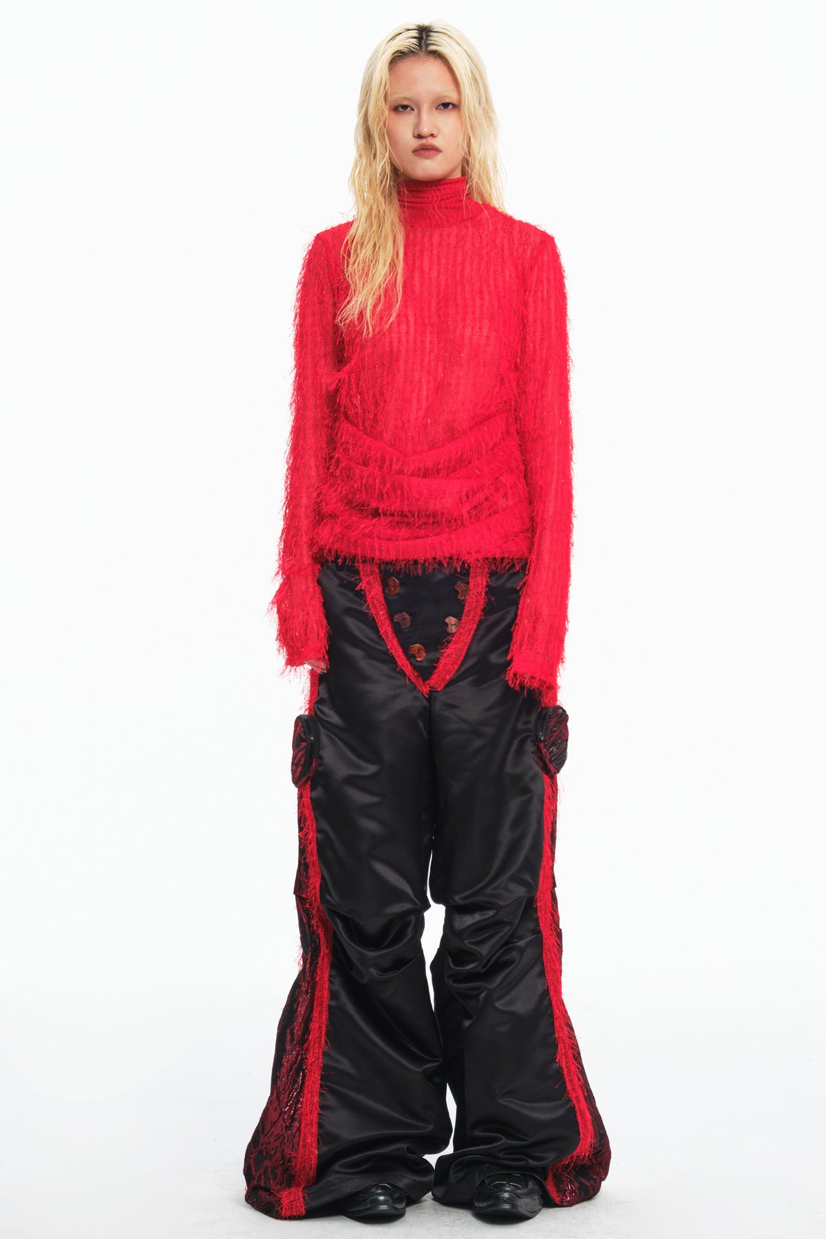 EMBRYO RED SPIDER distressed mesh top — additional styled view