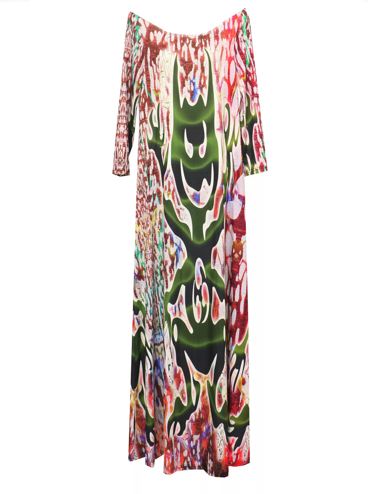 EMBRYO TRIBAL ENTITY white off-shoulder maxi dress — neckline and print detail