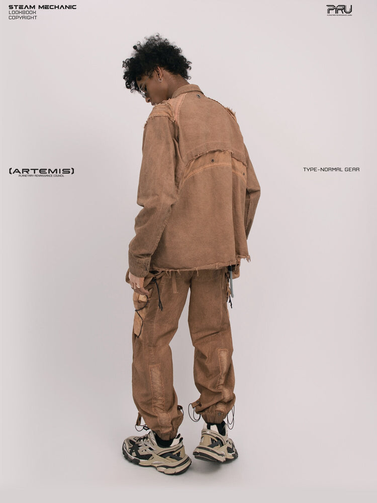 CHAOS ERA raw-edge technical shirt in brown — full-length rear three-quarter modeled view