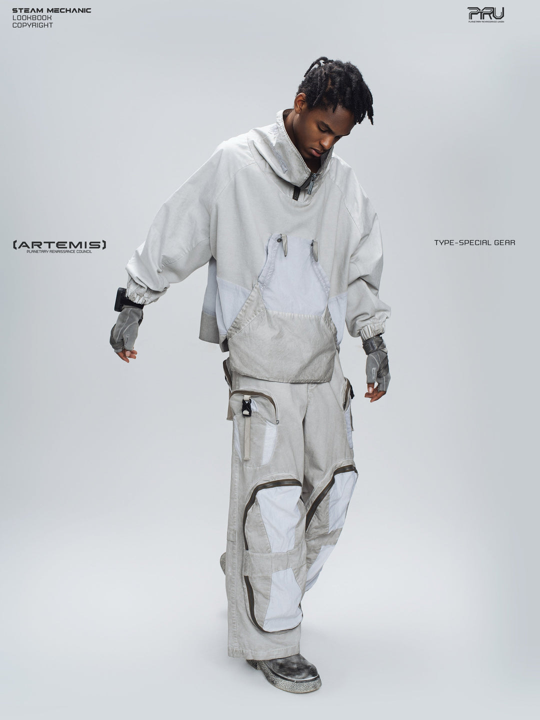 PIONEER eris white welded multi-pocket work pants — material and silhouette detail