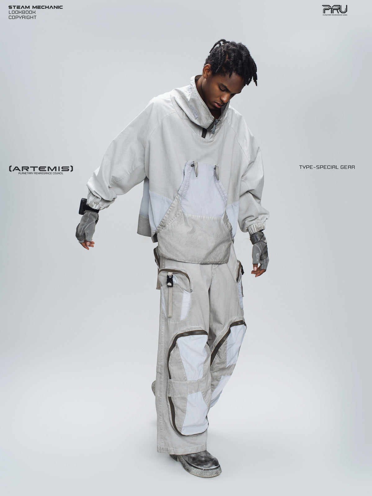 PIONEER eris white welded multi-pocket work pants — material and silhouette detail