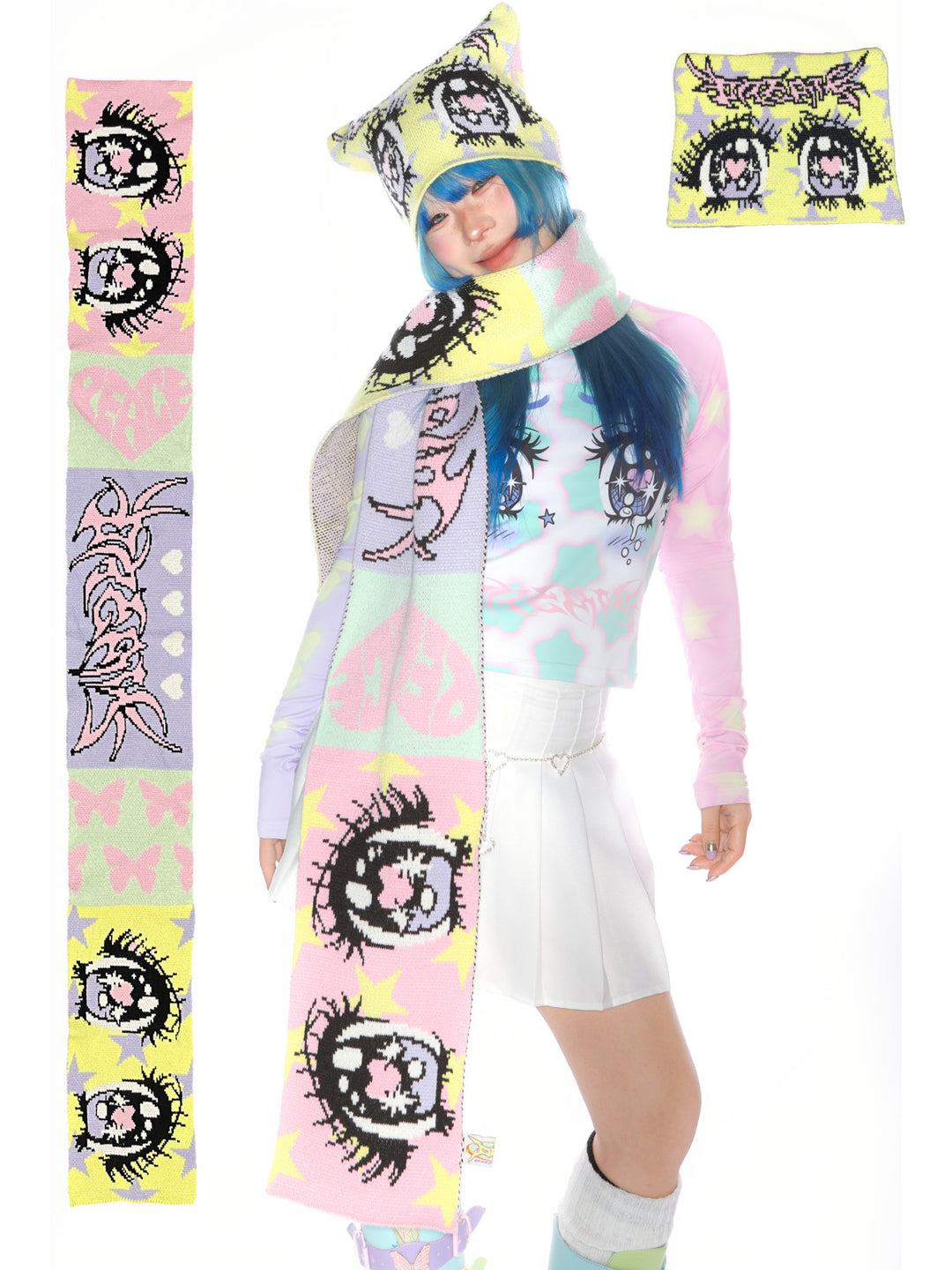 DEADENDKIDS ANIME EYES knit scarf & reversible hat — front product presentation