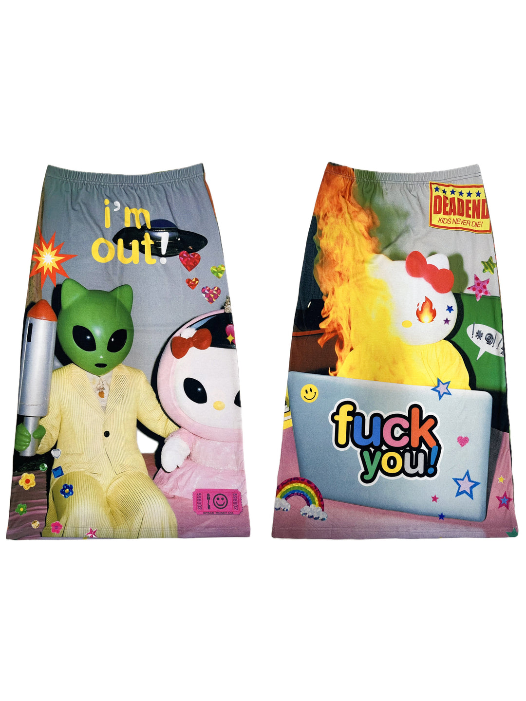 DEADENDKIDS REVERSIBLE ARCHIVE graphic maxi skirt — full-length modeled view