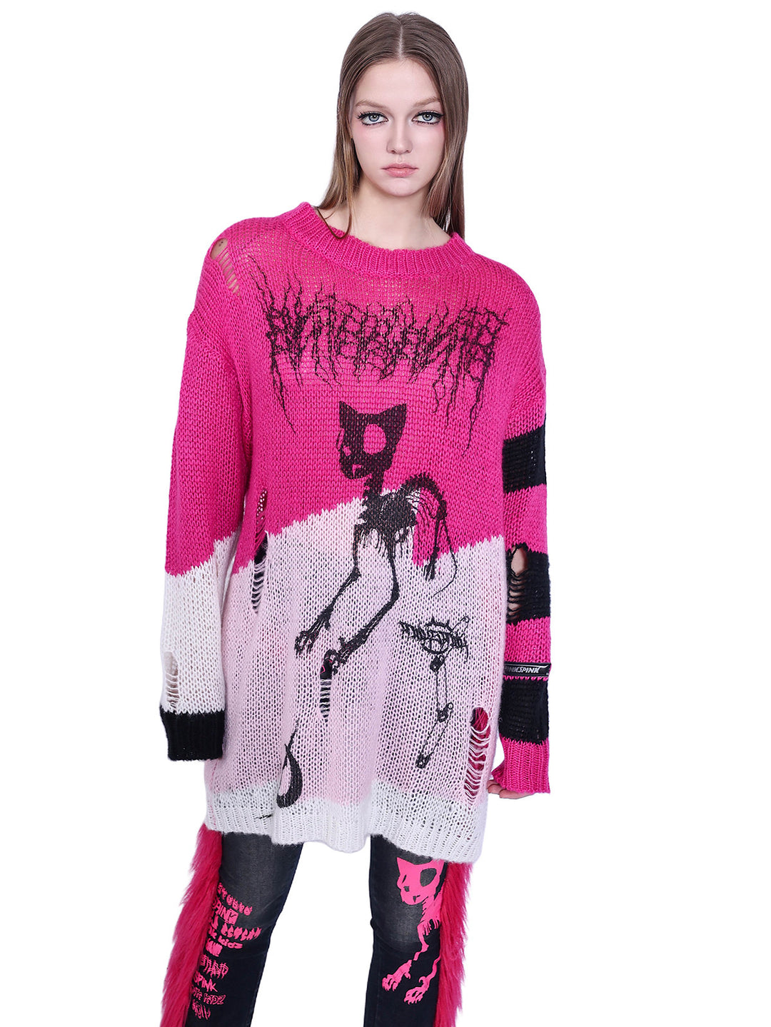 PINKSPINK SPHYNX distressed striped graphic sweater — pink graphic sweater — close front view of cat graphic