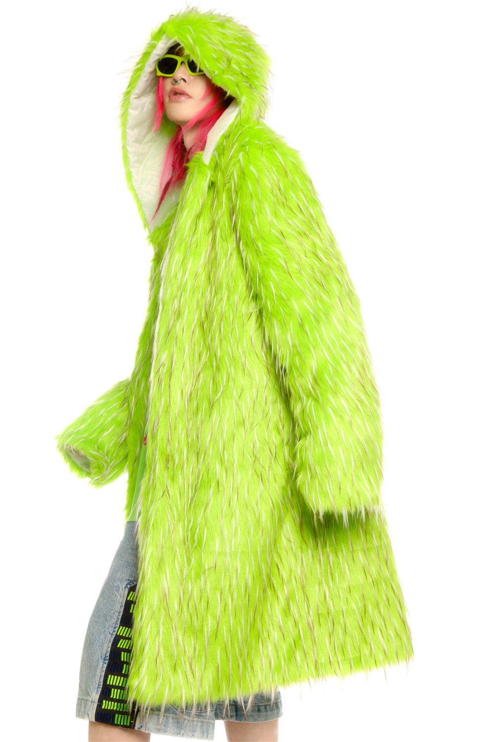 DEADENDKIDS ALIEN LIME long faux-fur hooded coat — rear modeled view