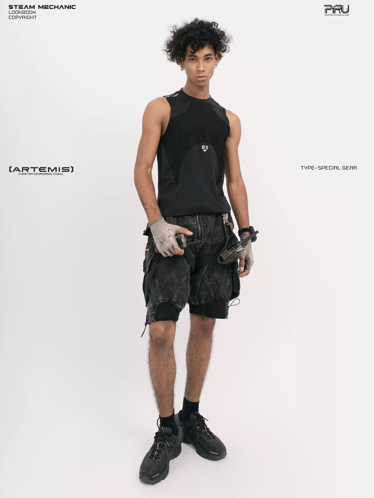 AEGIS blackbird black distressed mesh tank — full-length front modeled view holding a radio